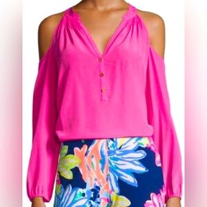 Lilly Pulitzer - women’s 100% silk Cold Shoulder long sleeve blouse pink top M
